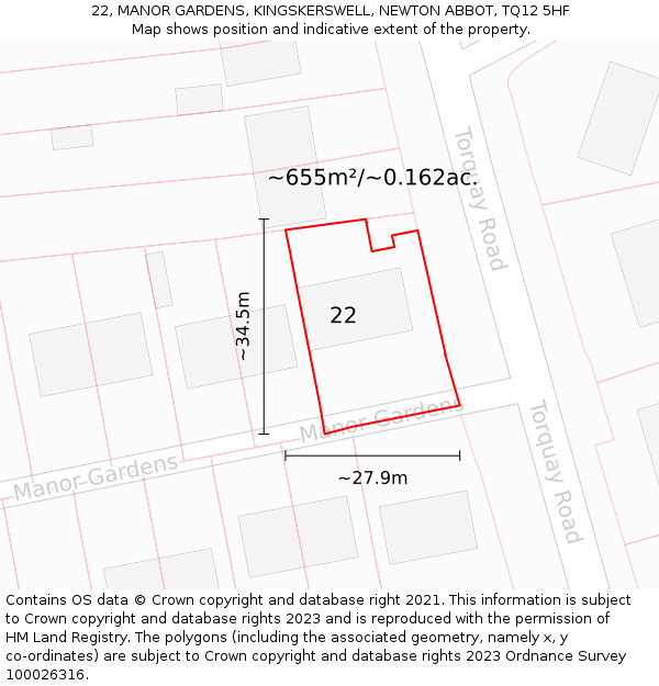 22, MANOR GARDENS, KINGSKERSWELL, NEWTON ABBOT, TQ12 5HF: Plot and title map