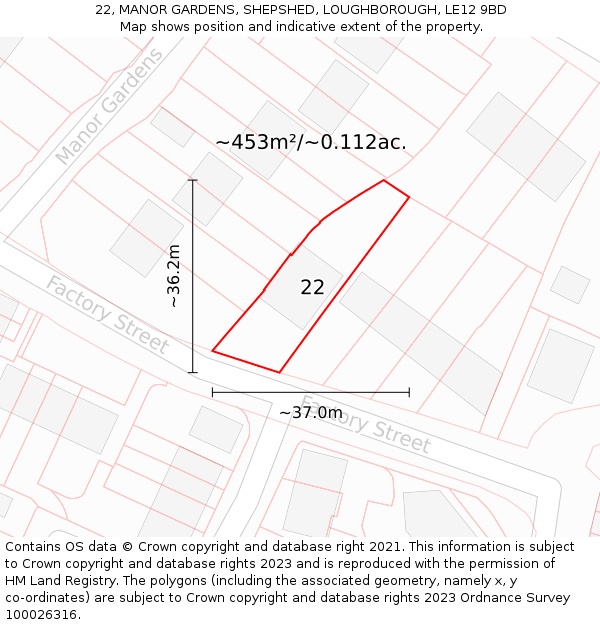 22, MANOR GARDENS, SHEPSHED, LOUGHBOROUGH, LE12 9BD: Plot and title map