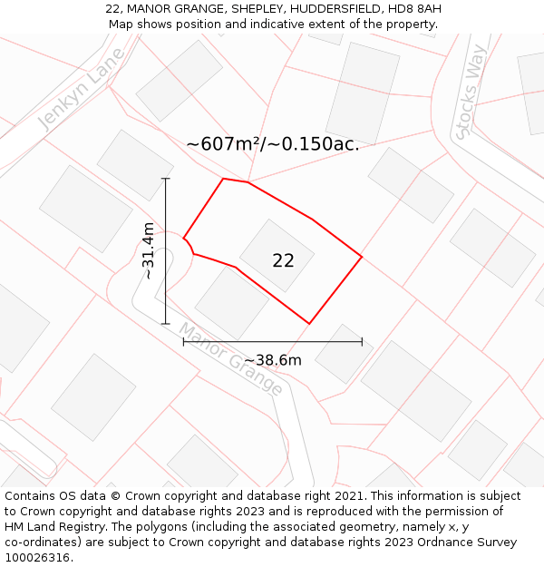 22, MANOR GRANGE, SHEPLEY, HUDDERSFIELD, HD8 8AH: Plot and title map