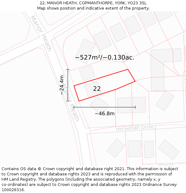 22, MANOR HEATH, COPMANTHORPE, YORK, YO23 3SL: Plot and title map