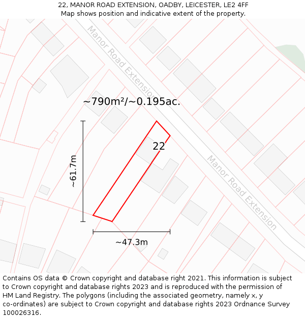 22, MANOR ROAD EXTENSION, OADBY, LEICESTER, LE2 4FF: Plot and title map