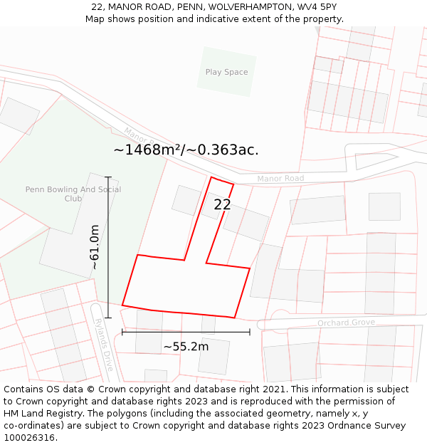 22, MANOR ROAD, PENN, WOLVERHAMPTON, WV4 5PY: Plot and title map