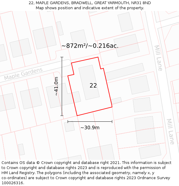 22, MAPLE GARDENS, BRADWELL, GREAT YARMOUTH, NR31 8ND: Plot and title map