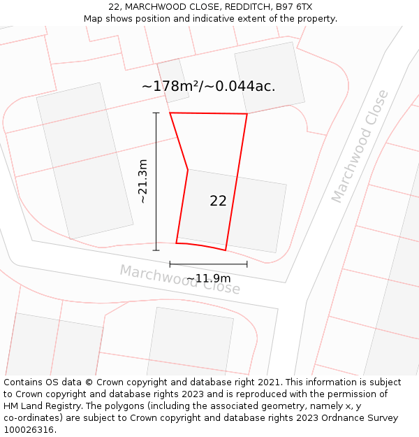 22, MARCHWOOD CLOSE, REDDITCH, B97 6TX: Plot and title map