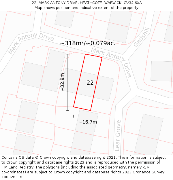 22, MARK ANTONY DRIVE, HEATHCOTE, WARWICK, CV34 6XA: Plot and title map