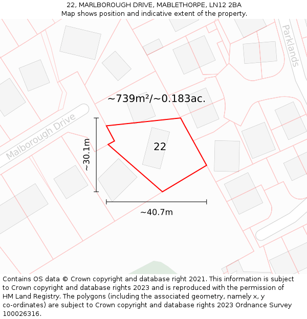 22, MARLBOROUGH DRIVE, MABLETHORPE, LN12 2BA: Plot and title map