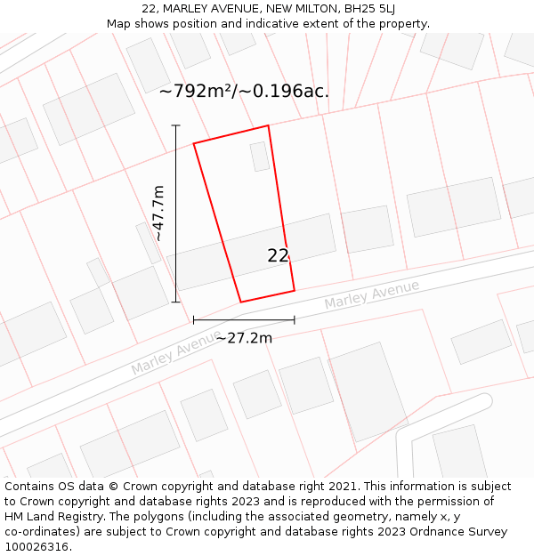 22, MARLEY AVENUE, NEW MILTON, BH25 5LJ: Plot and title map