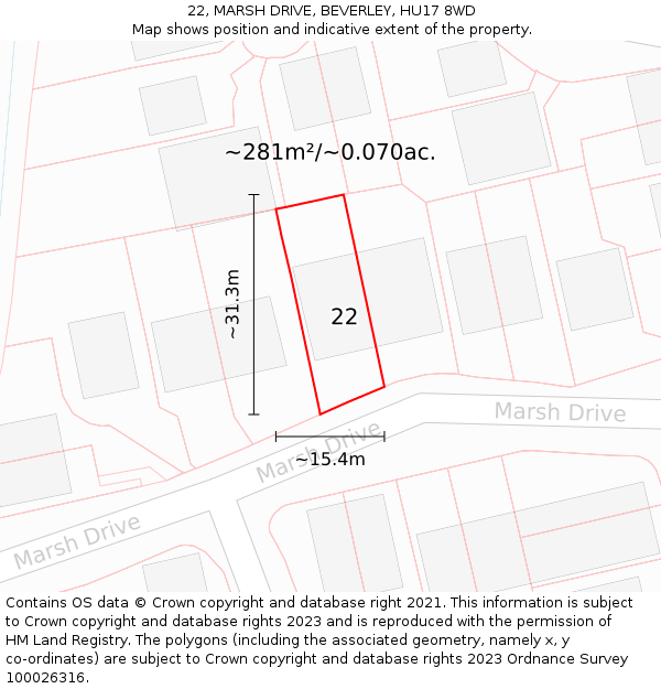 22, MARSH DRIVE, BEVERLEY, HU17 8WD: Plot and title map