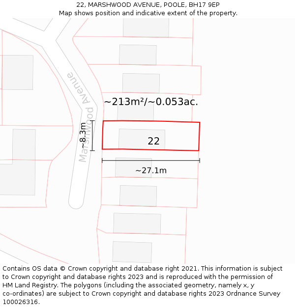 22, MARSHWOOD AVENUE, POOLE, BH17 9EP: Plot and title map