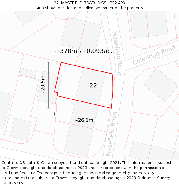 22, MASEFIELD ROAD, DISS, IP22 4PX: Plot and title map