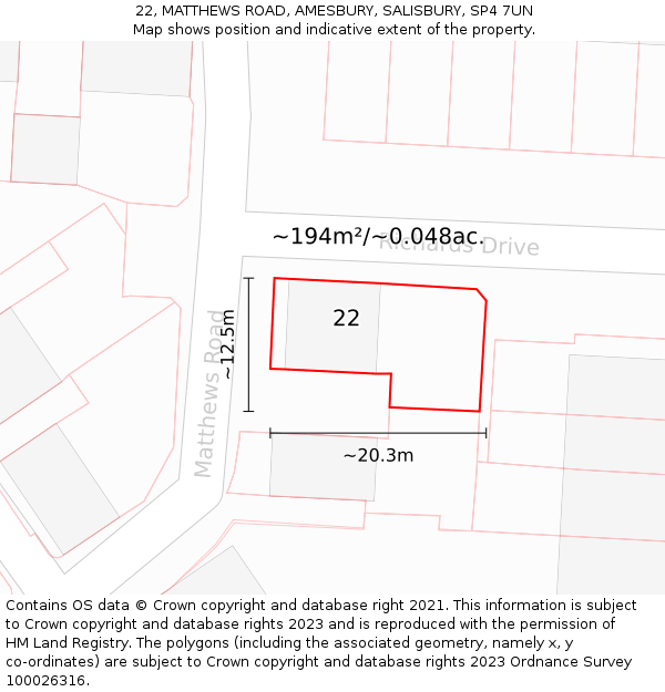 22, MATTHEWS ROAD, AMESBURY, SALISBURY, SP4 7UN: Plot and title map