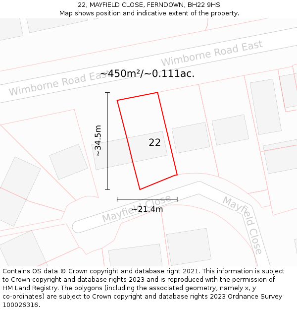 22, MAYFIELD CLOSE, FERNDOWN, BH22 9HS: Plot and title map