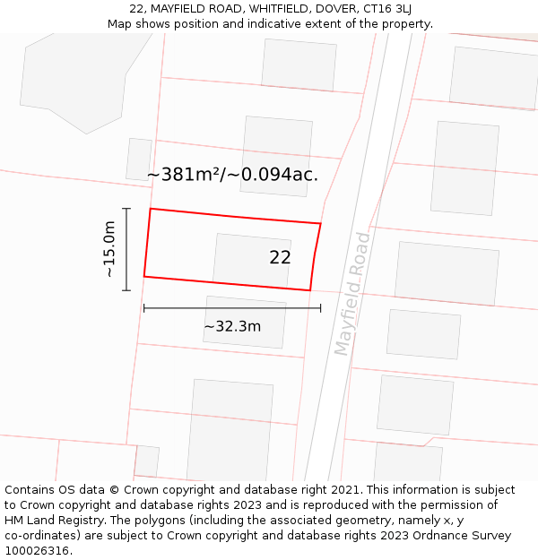 22, MAYFIELD ROAD, WHITFIELD, DOVER, CT16 3LJ: Plot and title map