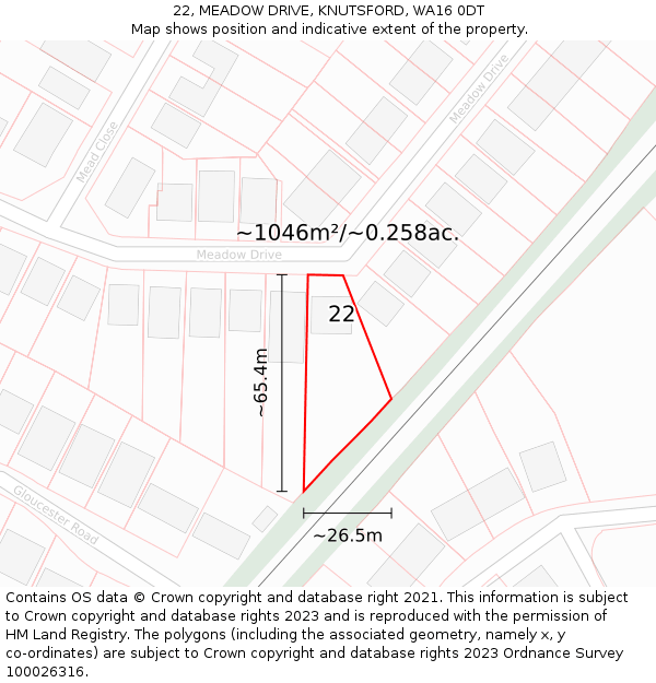 22, MEADOW DRIVE, KNUTSFORD, WA16 0DT: Plot and title map