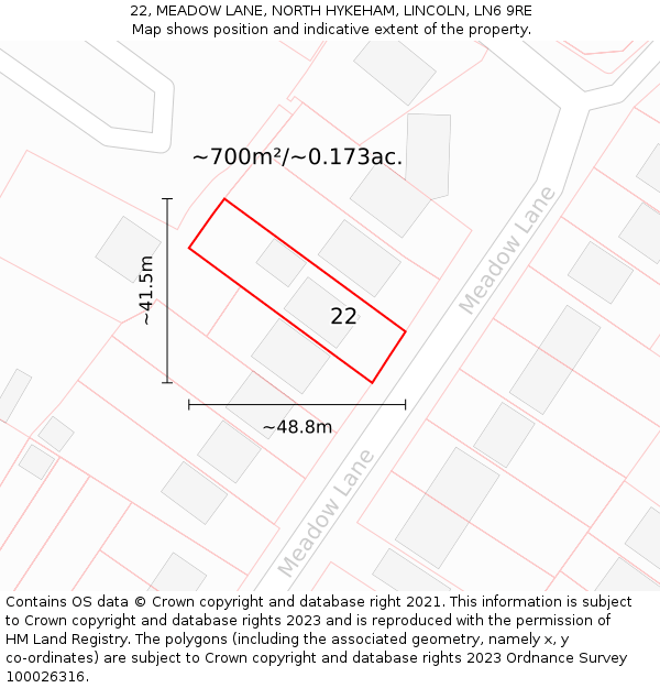 22, MEADOW LANE, NORTH HYKEHAM, LINCOLN, LN6 9RE: Plot and title map