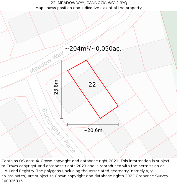 22, MEADOW WAY, CANNOCK, WS12 3YQ: Plot and title map