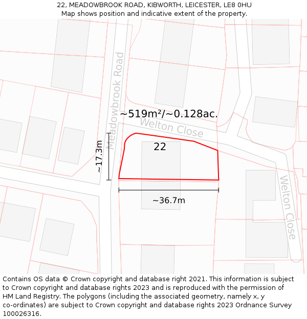 22, MEADOWBROOK ROAD, KIBWORTH, LEICESTER, LE8 0HU: Plot and title map