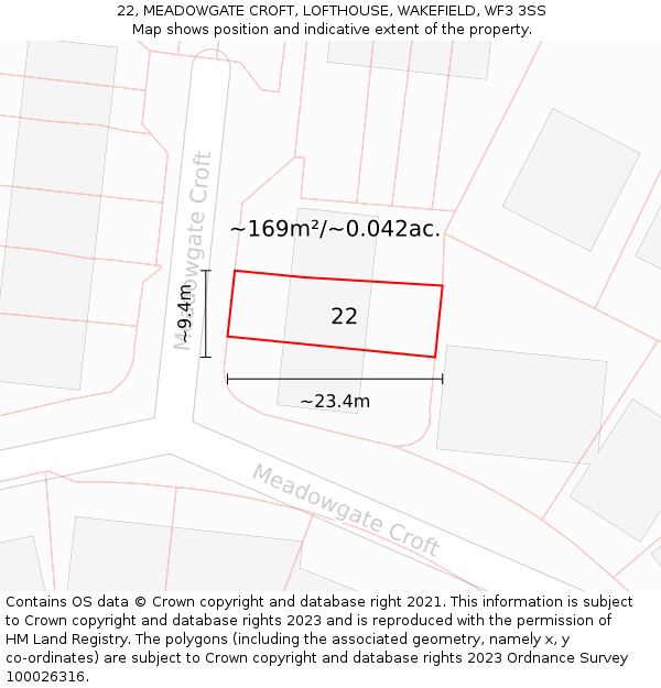 22, MEADOWGATE CROFT, LOFTHOUSE, WAKEFIELD, WF3 3SS: Plot and title map
