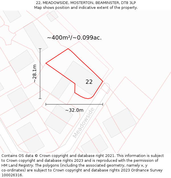 22, MEADOWSIDE, MOSTERTON, BEAMINSTER, DT8 3LP: Plot and title map