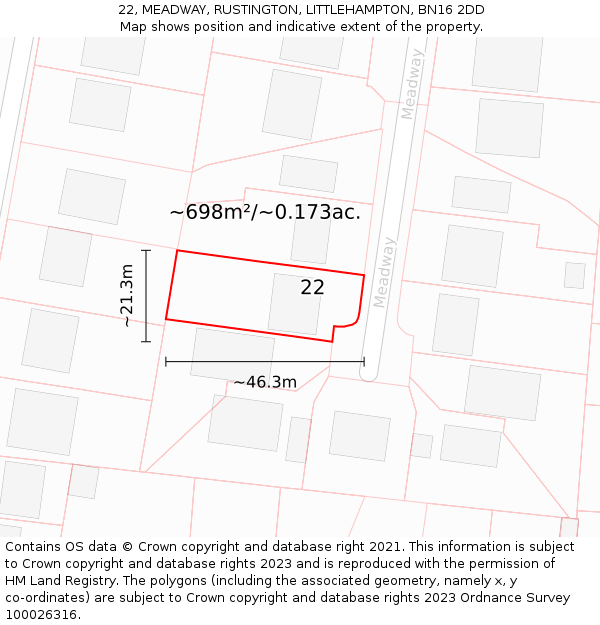 22, MEADWAY, RUSTINGTON, LITTLEHAMPTON, BN16 2DD: Plot and title map