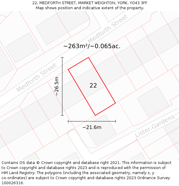 22, MEDFORTH STREET, MARKET WEIGHTON, YORK, YO43 3FF: Plot and title map