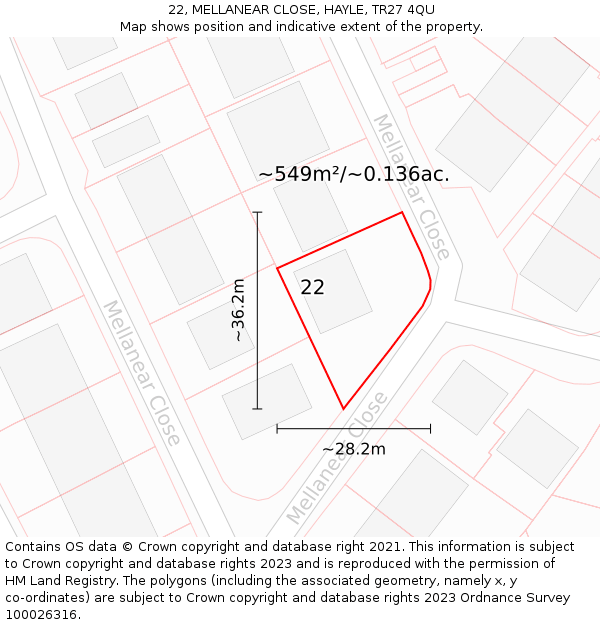 22, MELLANEAR CLOSE, HAYLE, TR27 4QU: Plot and title map