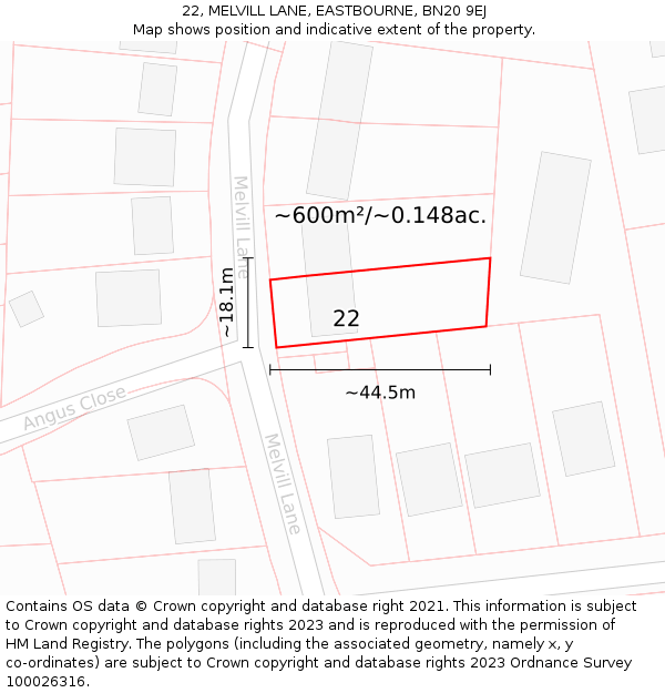 22, MELVILL LANE, EASTBOURNE, BN20 9EJ: Plot and title map