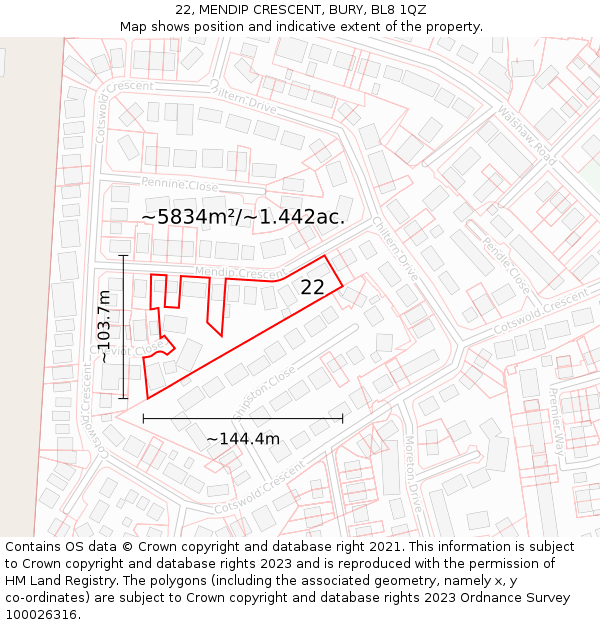 22, MENDIP CRESCENT, BURY, BL8 1QZ: Plot and title map