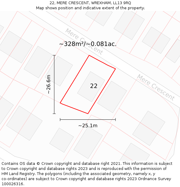 22, MERE CRESCENT, WREXHAM, LL13 9RQ: Plot and title map