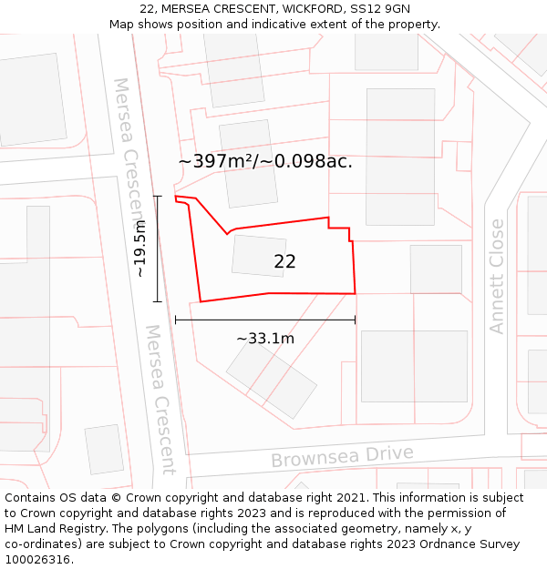 22, MERSEA CRESCENT, WICKFORD, SS12 9GN: Plot and title map