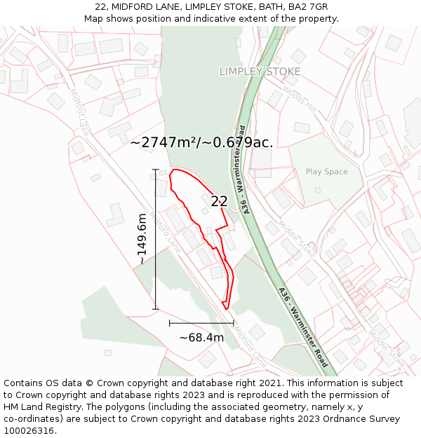 22, MIDFORD LANE, LIMPLEY STOKE, BATH, BA2 7GR: Plot and title map