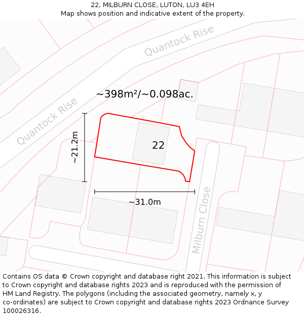 22, MILBURN CLOSE, LUTON, LU3 4EH: Plot and title map