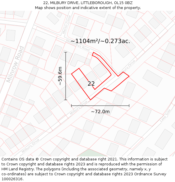 22, MILBURY DRIVE, LITTLEBOROUGH, OL15 0BZ: Plot and title map