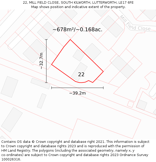 22, MILL FIELD CLOSE, SOUTH KILWORTH, LUTTERWORTH, LE17 6FE: Plot and title map