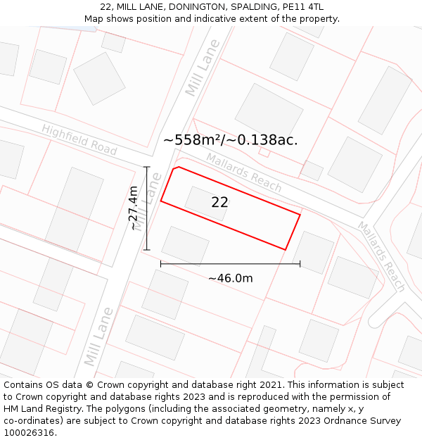 22, MILL LANE, DONINGTON, SPALDING, PE11 4TL: Plot and title map