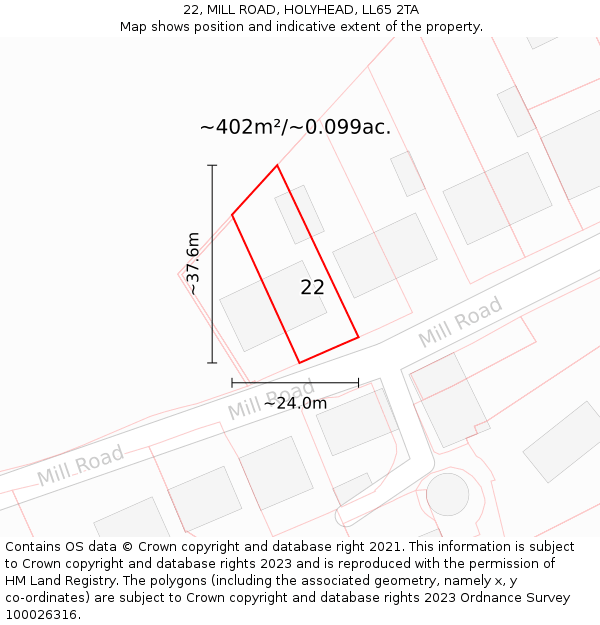 22, MILL ROAD, HOLYHEAD, LL65 2TA: Plot and title map