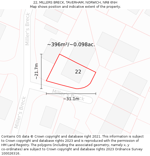 22, MILLERS BRECK, TAVERHAM, NORWICH, NR8 6NH: Plot and title map