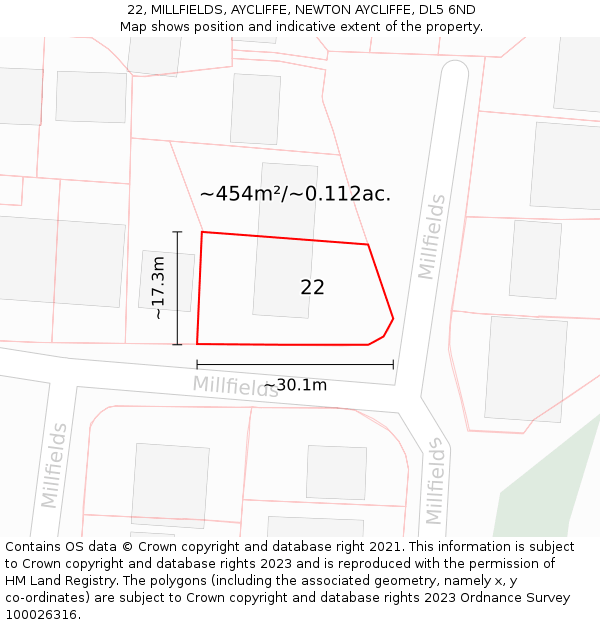 22, MILLFIELDS, AYCLIFFE, NEWTON AYCLIFFE, DL5 6ND: Plot and title map