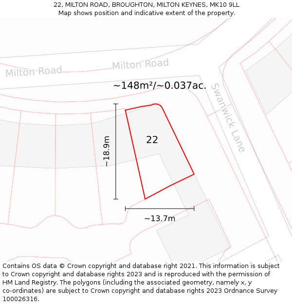 22, MILTON ROAD, BROUGHTON, MILTON KEYNES, MK10 9LL: Plot and title map