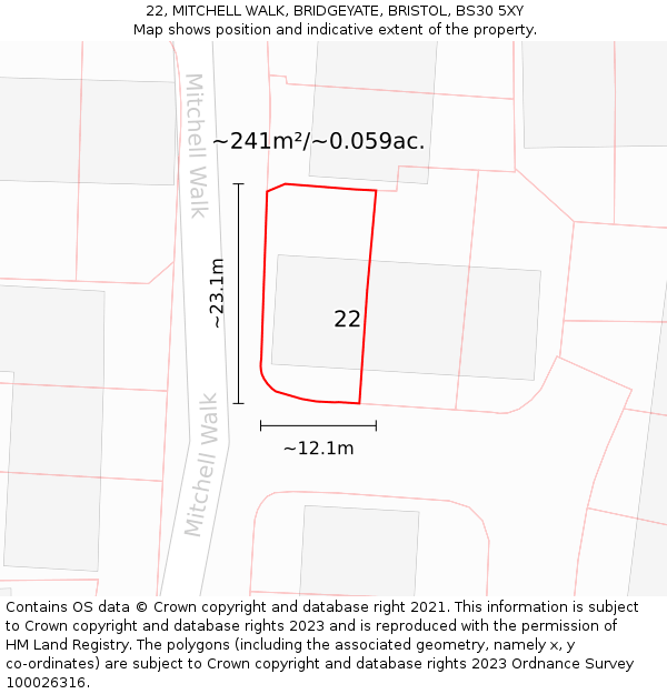 22, MITCHELL WALK, BRIDGEYATE, BRISTOL, BS30 5XY: Plot and title map