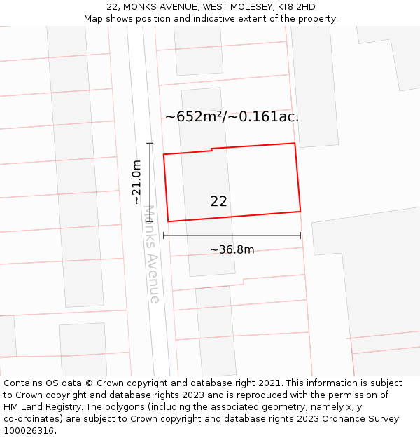 22, MONKS AVENUE, WEST MOLESEY, KT8 2HD: Plot and title map