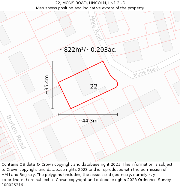 22, MONS ROAD, LINCOLN, LN1 3UD: Plot and title map