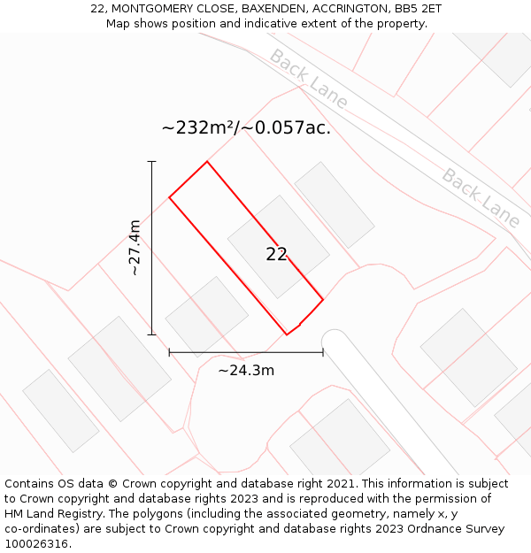 22, MONTGOMERY CLOSE, BAXENDEN, ACCRINGTON, BB5 2ET: Plot and title map
