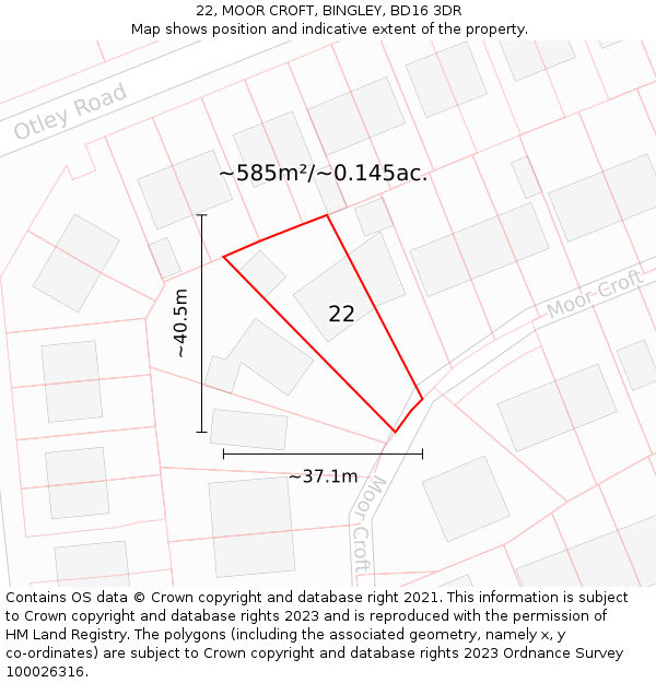22, MOOR CROFT, BINGLEY, BD16 3DR: Plot and title map