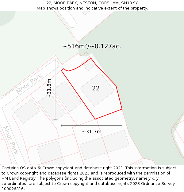 22, MOOR PARK, NESTON, CORSHAM, SN13 9YJ: Plot and title map