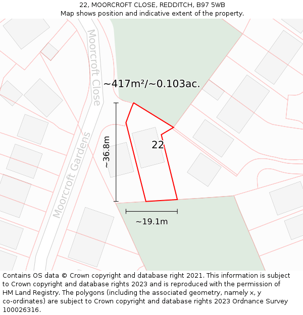 22, MOORCROFT CLOSE, REDDITCH, B97 5WB: Plot and title map