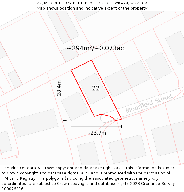 22, MOORFIELD STREET, PLATT BRIDGE, WIGAN, WN2 3TX: Plot and title map