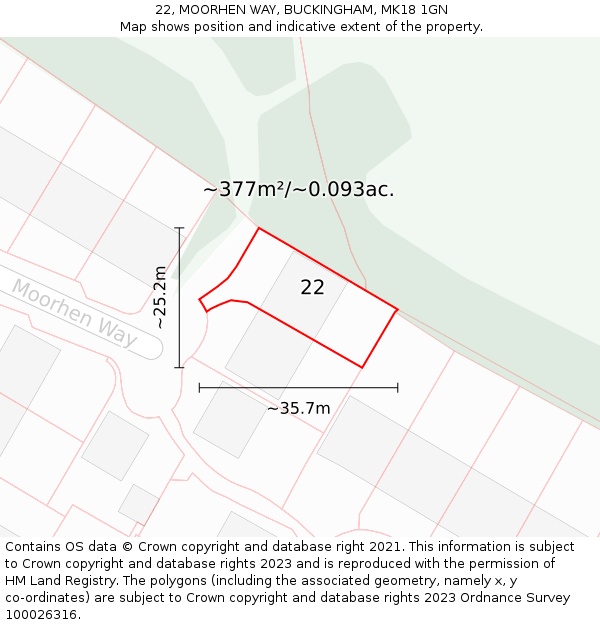 22, MOORHEN WAY, BUCKINGHAM, MK18 1GN: Plot and title map