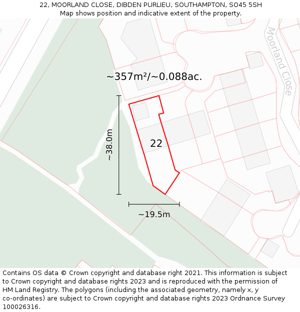 22, MOORLAND CLOSE, DIBDEN PURLIEU, SOUTHAMPTON, SO45 5SH: Plot and title map