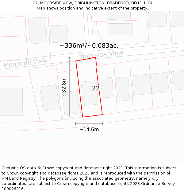 22, MOORSIDE VIEW, DRIGHLINGTON, BRADFORD, BD11 1HN: Plot and title map